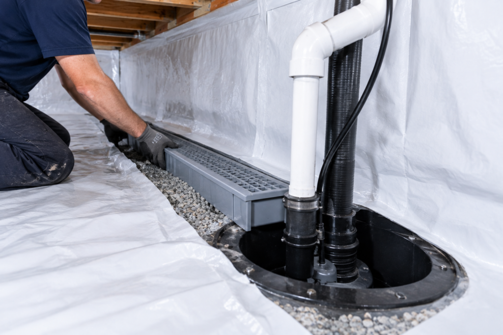 Crawl space drainage and sump pump system installed to prevent water intrusion in Columbia, SC