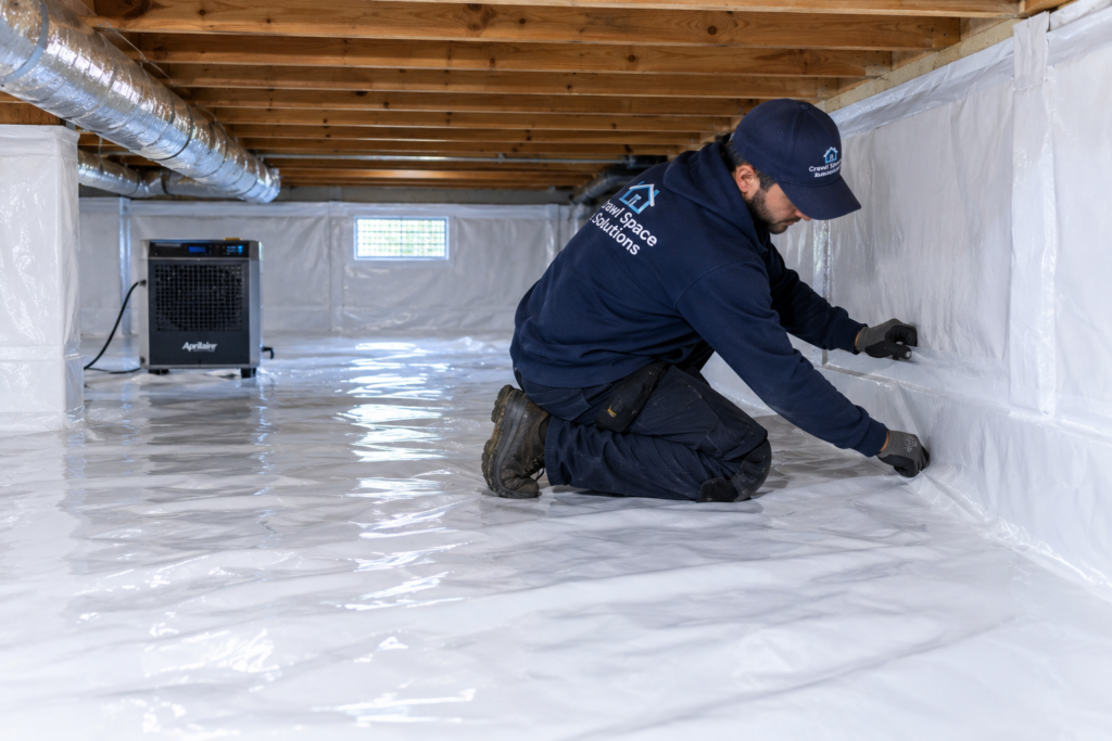 Technician installing a vapor barrier during crawl space waterproofing in Columbia, SC