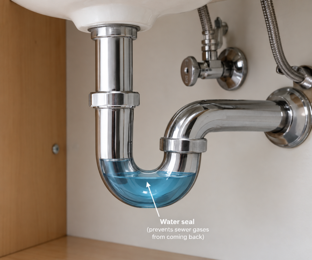P-trap under a bathroom sink that holds water to block sewer gas