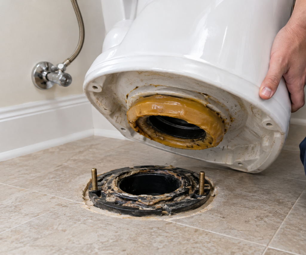 Toilet wax ring and flange that can leak sewer gas into a bathroom