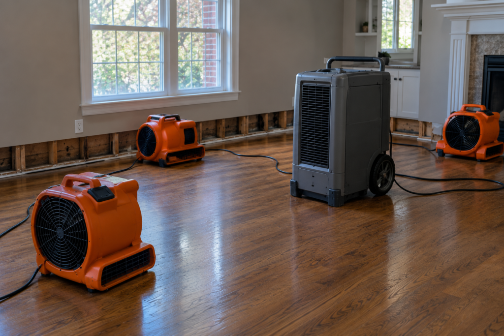 Air movers and dehumidifiers work together to dry the structure.